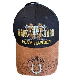 Six panel black baseball cap work hard play harder cowboy horseshoe embroidered